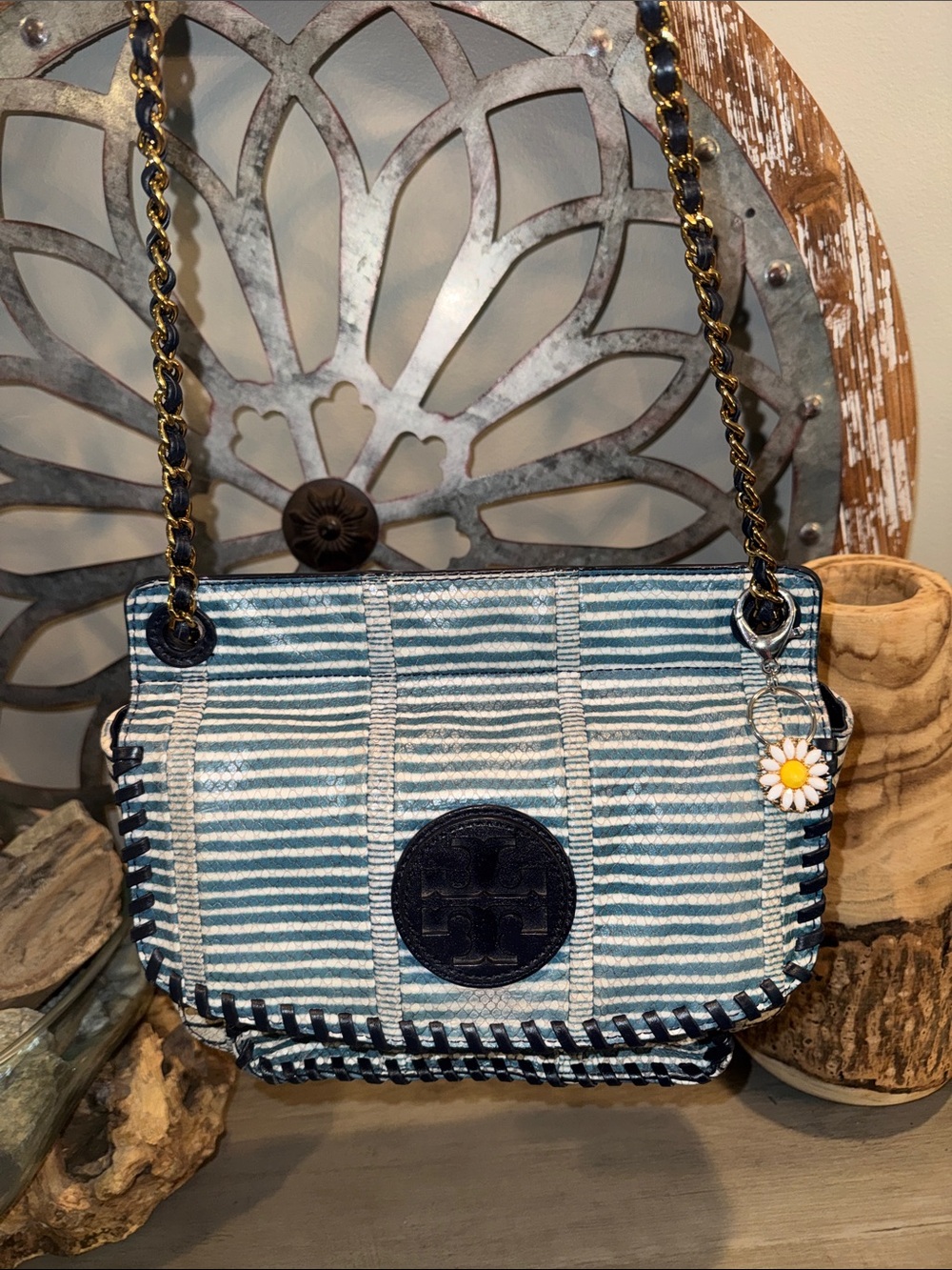 Tory Burch Navy and White Striped Chain Shoulder Bag with Daisy Charm